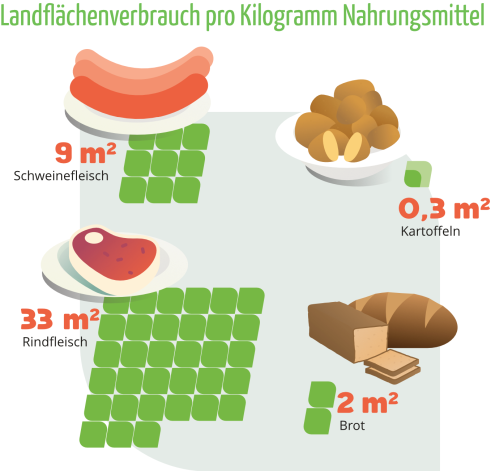 Landflächenverbrauch pro Kilogramm Nahrungsmitel